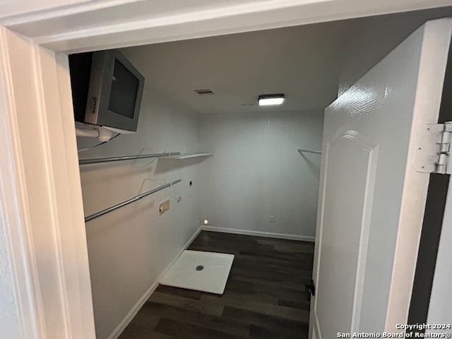 spacious closet with dark hardwood / wood-style flooring