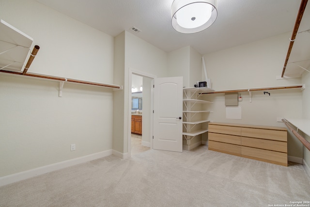 spacious closet featuring light carpet