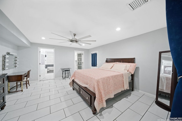 bedroom featuring ceiling fan and light tile flooring