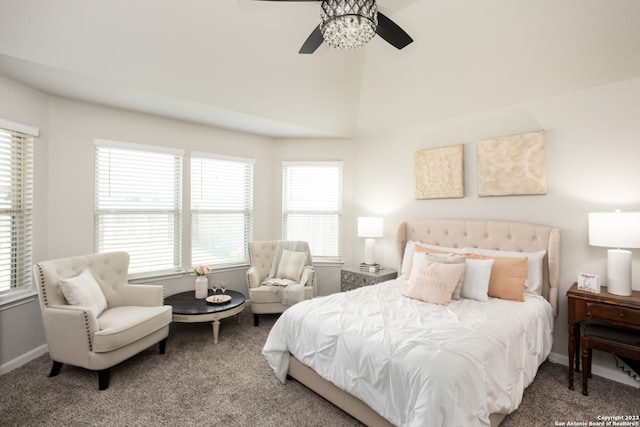 carpeted bedroom featuring high vaulted ceiling and ceiling fan