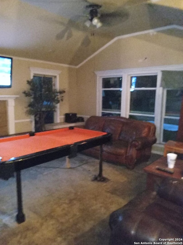 rec room with ceiling fan and pool table