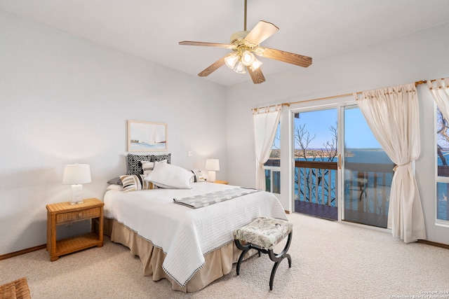 bedroom with light carpet, ceiling fan, and access to exterior