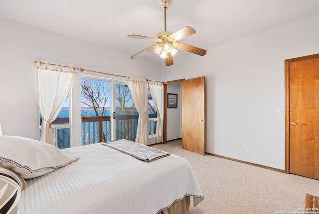 carpeted bedroom with ceiling fan and access to outside