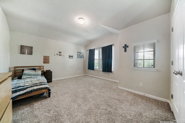 bedroom featuring carpet flooring, lofted ceiling, and multiple windows