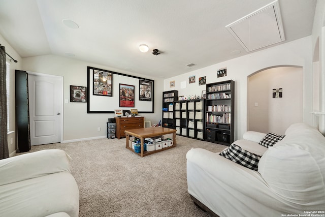 living room with carpet and vaulted ceiling