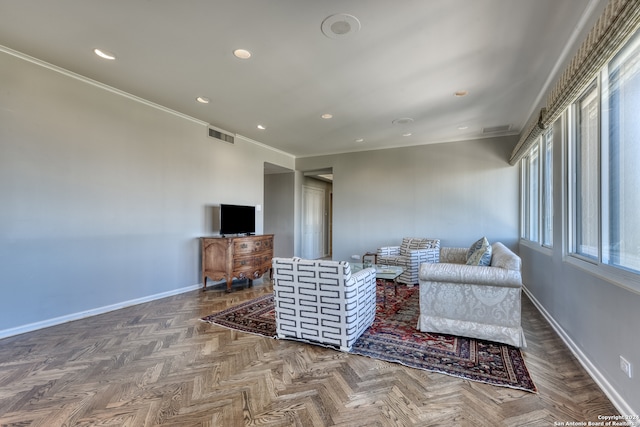 living room with parquet floors and ornamental molding