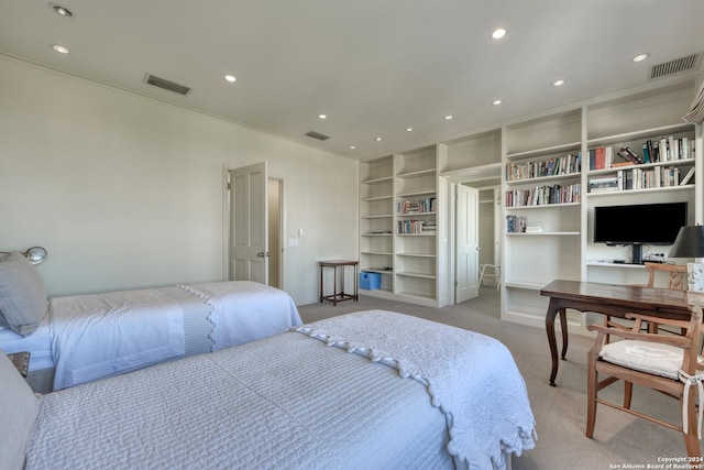 bedroom with recessed lighting, visible vents, light colored carpet, and ornamental molding