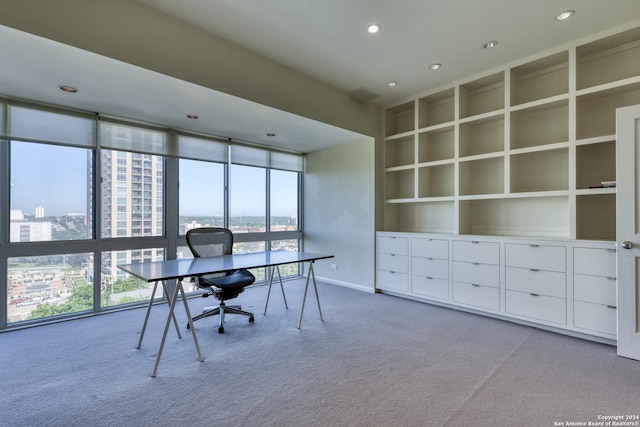 carpeted office space with a wall of windows, baseboards, plenty of natural light, and recessed lighting