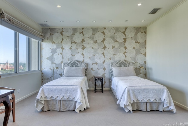 carpeted bedroom with baseboards, visible vents, wallpapered walls, recessed lighting, and crown molding