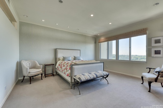 bedroom featuring crown molding, recessed lighting, baseboards, and light carpet