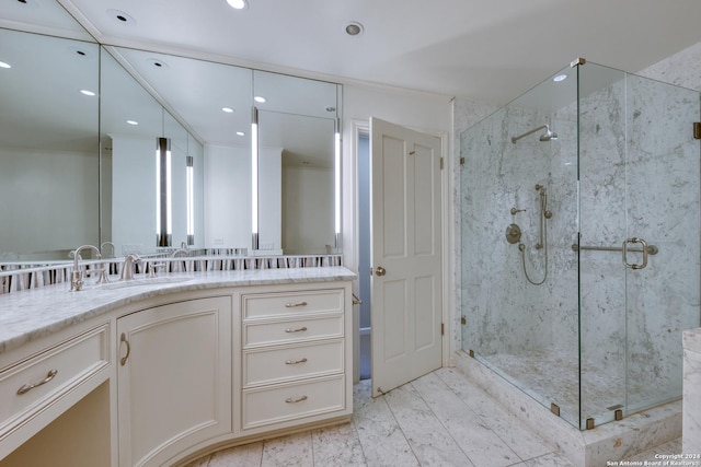 full bathroom featuring vanity, recessed lighting, and a marble finish shower