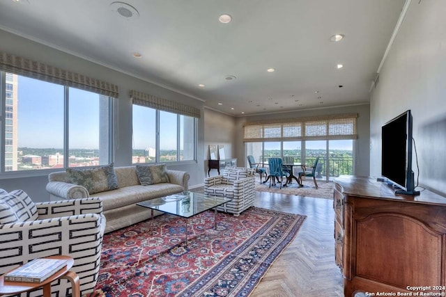 living room featuring recessed lighting and crown molding