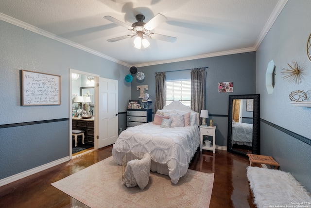 bedroom featuring crown molding, ensuite bathroom, ceiling fan, and dark hardwood / wood-style flooring