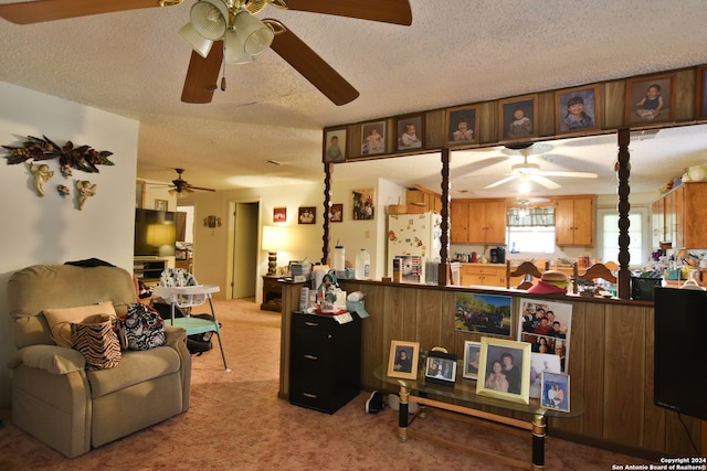 carpeted living room with a textured ceiling and ceiling fan