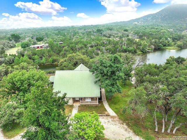 birds eye view of property featuring a water and mountain view