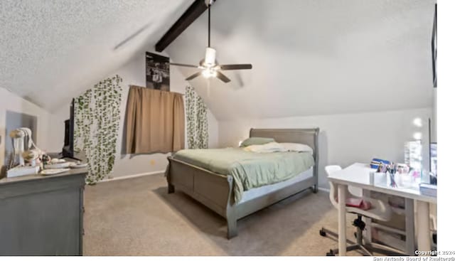 bedroom with a textured ceiling, lofted ceiling with beams, ceiling fan, and carpet floors