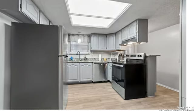 kitchen with gray cabinets, light wood-type flooring, sink, and appliances with stainless steel finishes