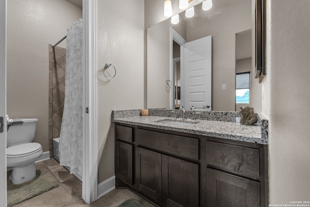 full bathroom featuring tile floors, shower / bath combo, toilet, and vanity