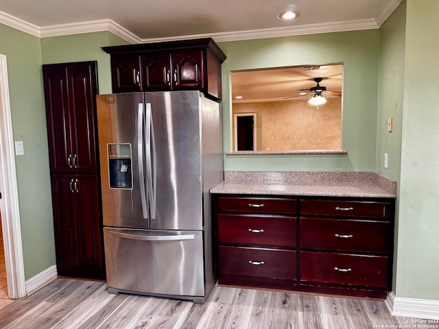 kitchen featuring ornamental molding, light hardwood / wood-style floors, ceiling fan, and stainless steel fridge with ice dispenser