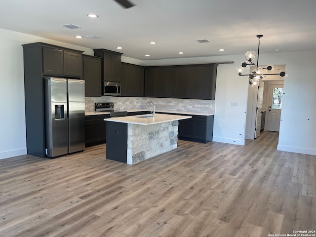 kitchen with appliances with stainless steel finishes, sink, light wood-type flooring, tasteful backsplash, and a center island with sink