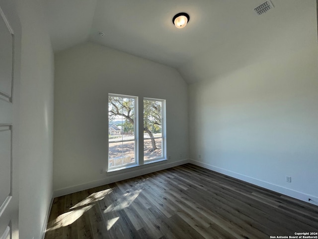 interior space with vaulted ceiling and dark hardwood / wood-style floors