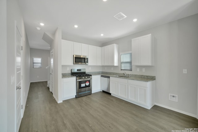 kitchen with stainless steel appliances, wood-type flooring, sink, and a wealth of natural light