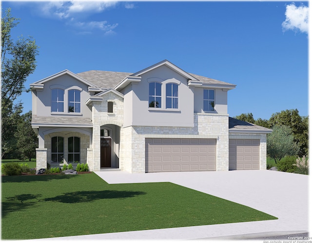 view of front facade with stucco siding, concrete driveway, a garage, stone siding, and a front lawn