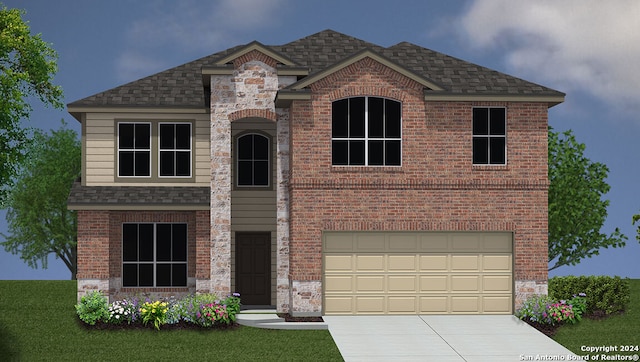 view of front of property featuring brick siding, a garage, stone siding, driveway, and a front lawn