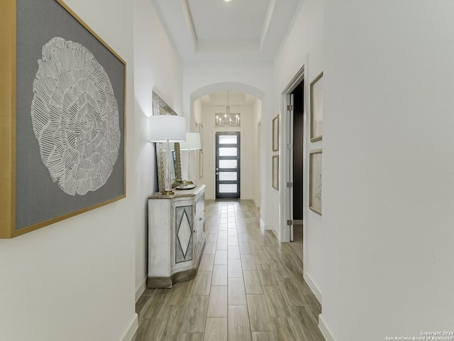 hall featuring a tray ceiling and light hardwood / wood-style flooring