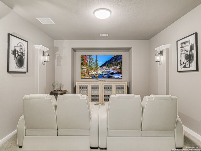 carpeted cinema room with a textured ceiling