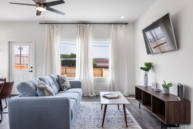 living room featuring wood-type flooring and ceiling fan