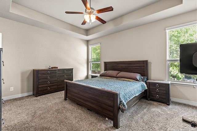 carpeted bedroom featuring a tray ceiling and ceiling fan