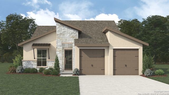 view of front of home featuring a front yard and a garage