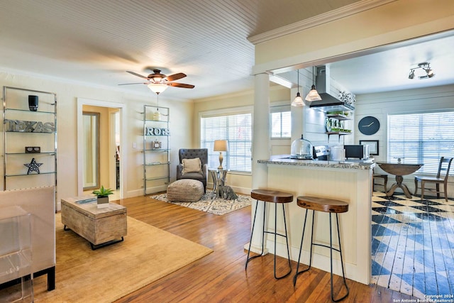 interior space featuring crown molding, wood-type flooring, and ceiling fan