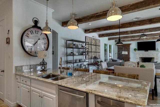 kitchen with sink, decorative light fixtures, stainless steel dishwasher, white cabinets, and light stone counters