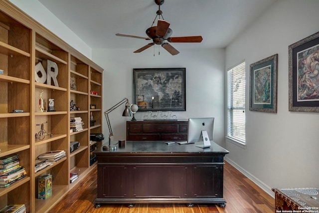 office area featuring ceiling fan and dark hardwood / wood-style flooring