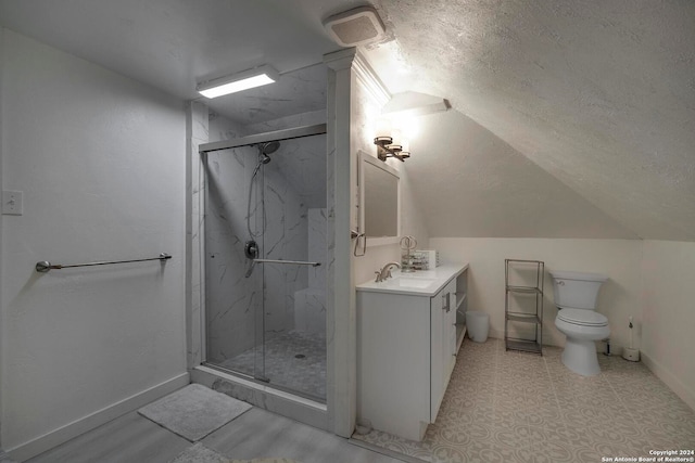 bathroom featuring a textured ceiling, an enclosed shower, toilet, lofted ceiling, and vanity