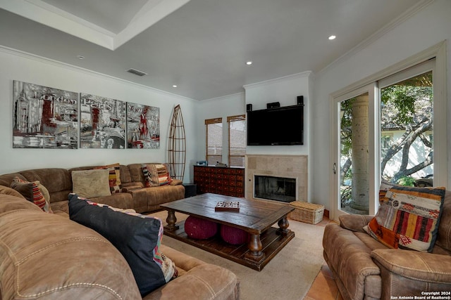 living room featuring ornamental molding and a fireplace