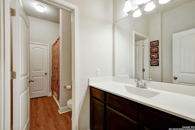 bathroom with vanity, hardwood / wood-style floors, and toilet