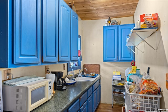 kitchen featuring wooden ceiling, sink, wood-type flooring, and blue cabinets