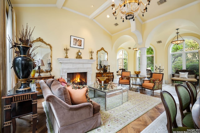 interior space with decorative columns, high vaulted ceiling, crown molding, beam ceiling, and a chandelier