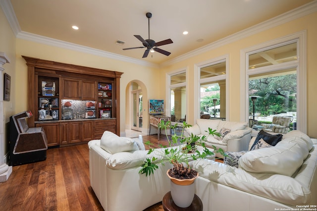 living room featuring ceiling fan, dark hardwood / wood-style floors, and ornamental molding