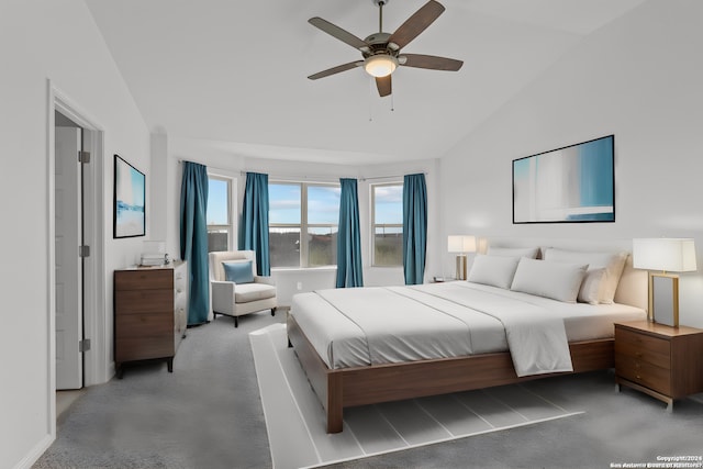 bedroom featuring lofted ceiling, carpet, and ceiling fan