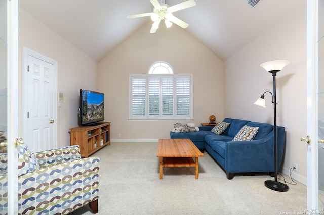 living room with ceiling fan, light carpet, and lofted ceiling