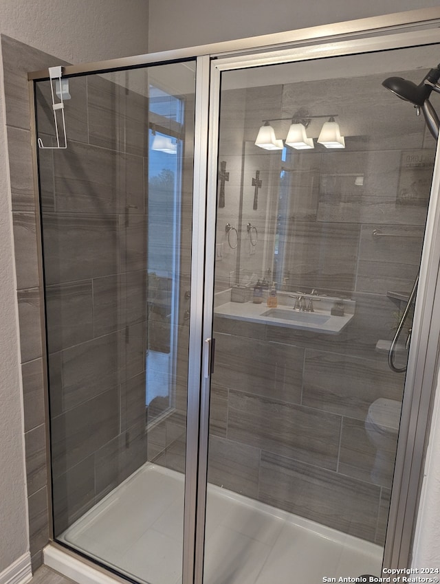 bathroom featuring a shower with shower door