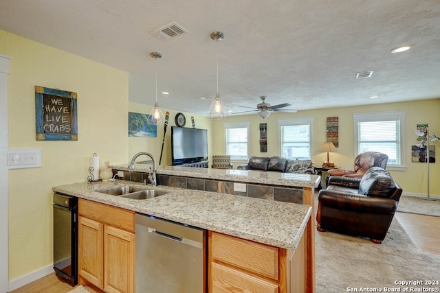 kitchen featuring ceiling fan, sink, a wealth of natural light, and stainless steel dishwasher