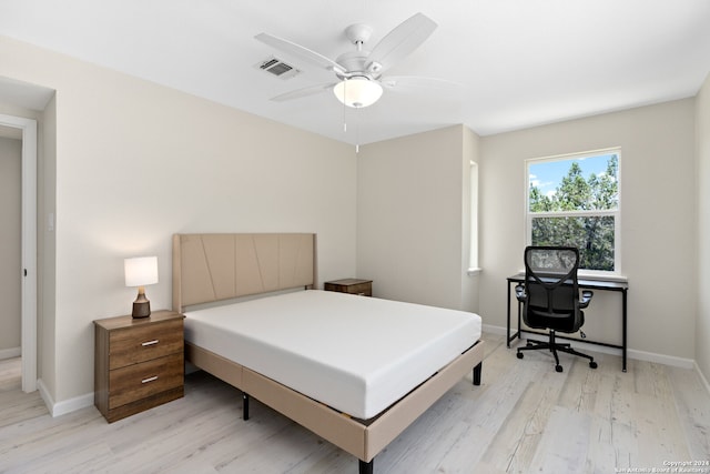 bedroom with ceiling fan and light hardwood / wood-style floors