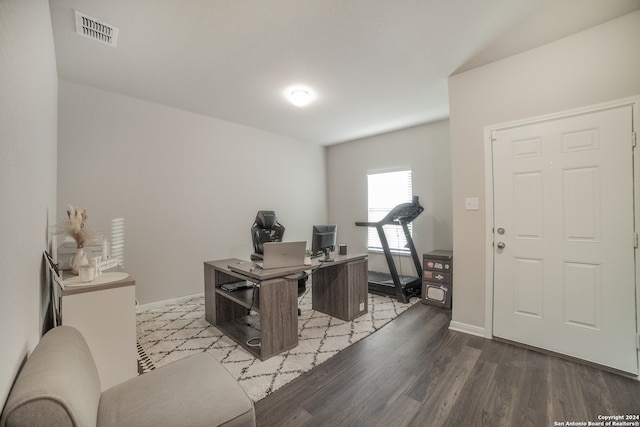 home office featuring hardwood / wood-style flooring