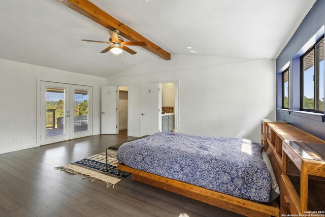 bedroom featuring dark hardwood / wood-style floors, ceiling fan, french doors, lofted ceiling with beams, and access to exterior