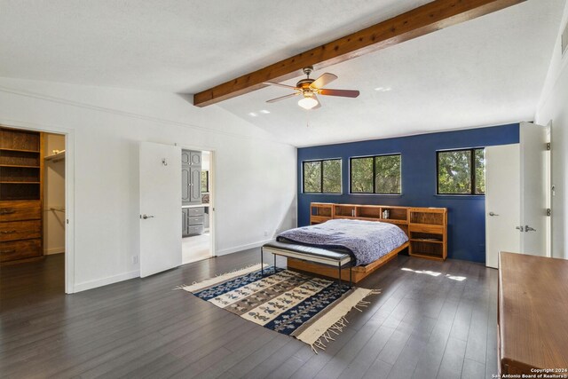 bedroom with a walk in closet, vaulted ceiling with beams, dark hardwood / wood-style flooring, ensuite bath, and ceiling fan